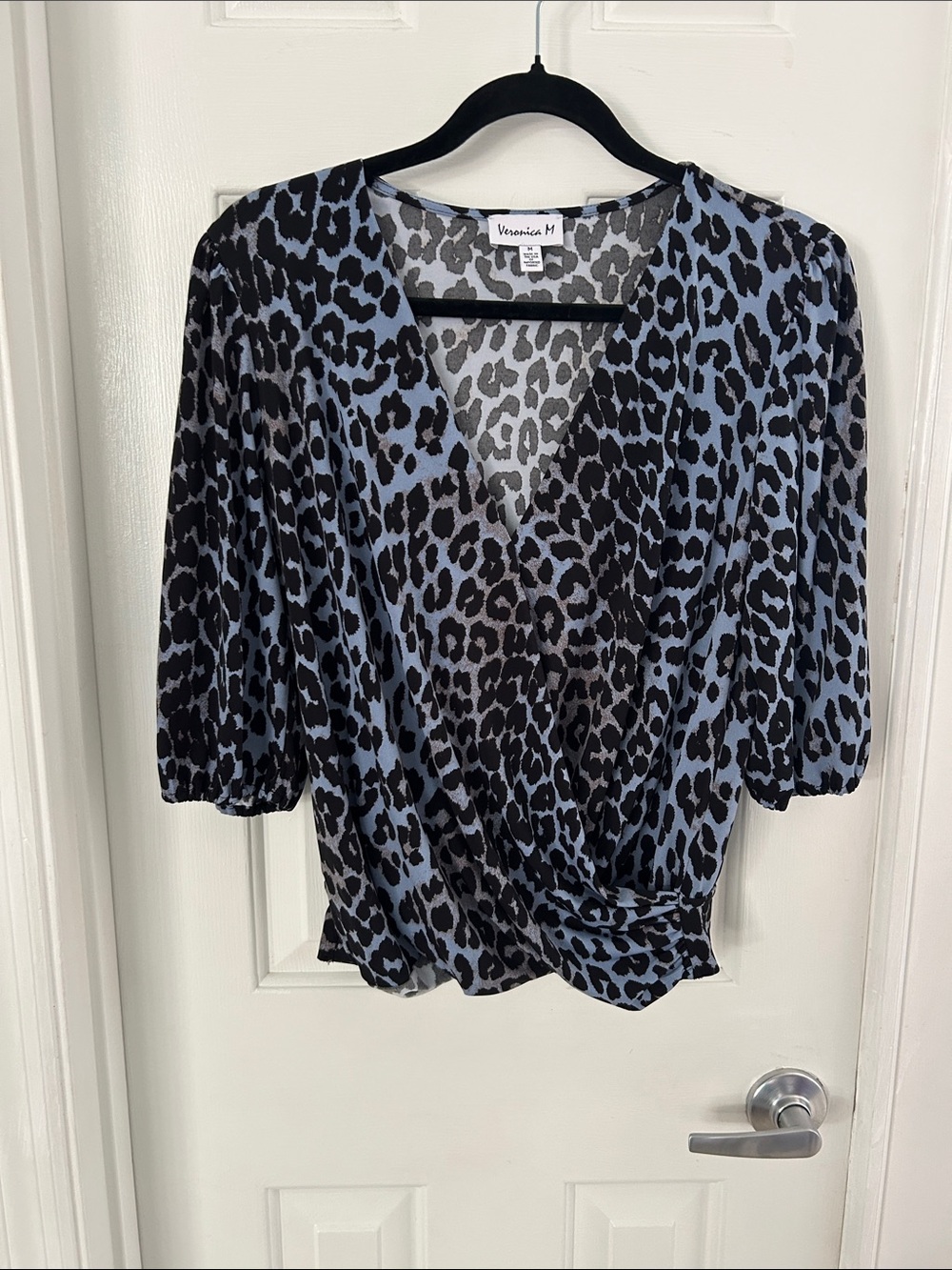 Veronica M Black and Blue Leopard Wrap Style Blouse